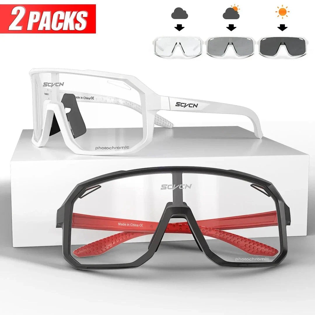 Pair of black photochromic cycling sunglasses with adjustable fit and UV400 protection