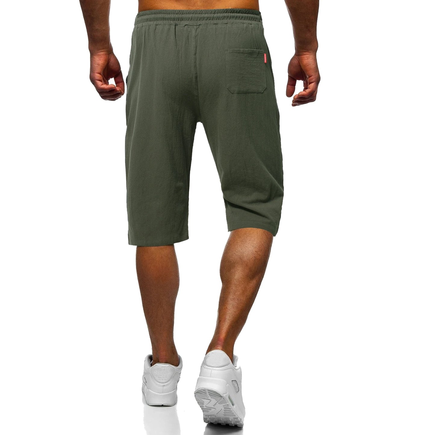Men's casual linen-cotton cropped trousers in grey, green, and black colours with adjustable drawstring waist and straight-leg silhouette