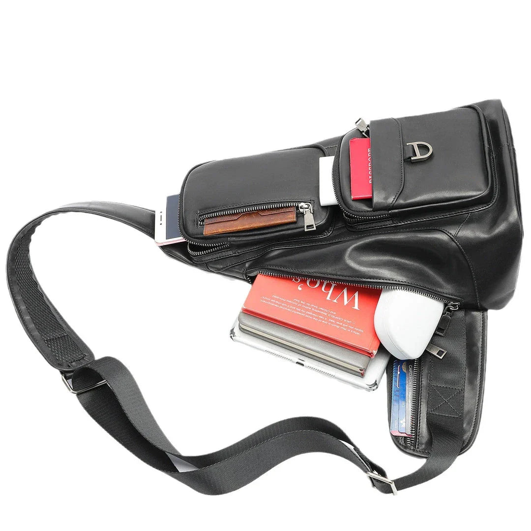 Premium cowhide messenger bag with brushed skeleton-skin design, large capacity, and adjustable shoulder strap