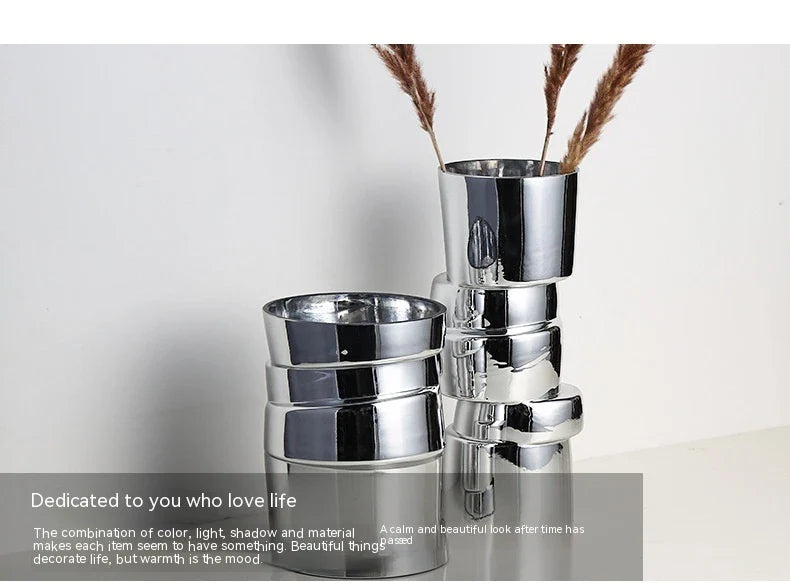 Electroplated silver glass vase with a modern, geometric design for home decor