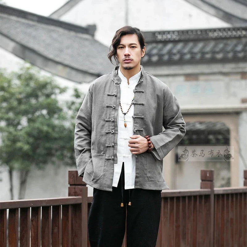 Stylish men's coat with a traditional Tang-style silhouette, made from a breathable cotton-linen blend and featuring a modern colour-block pattern