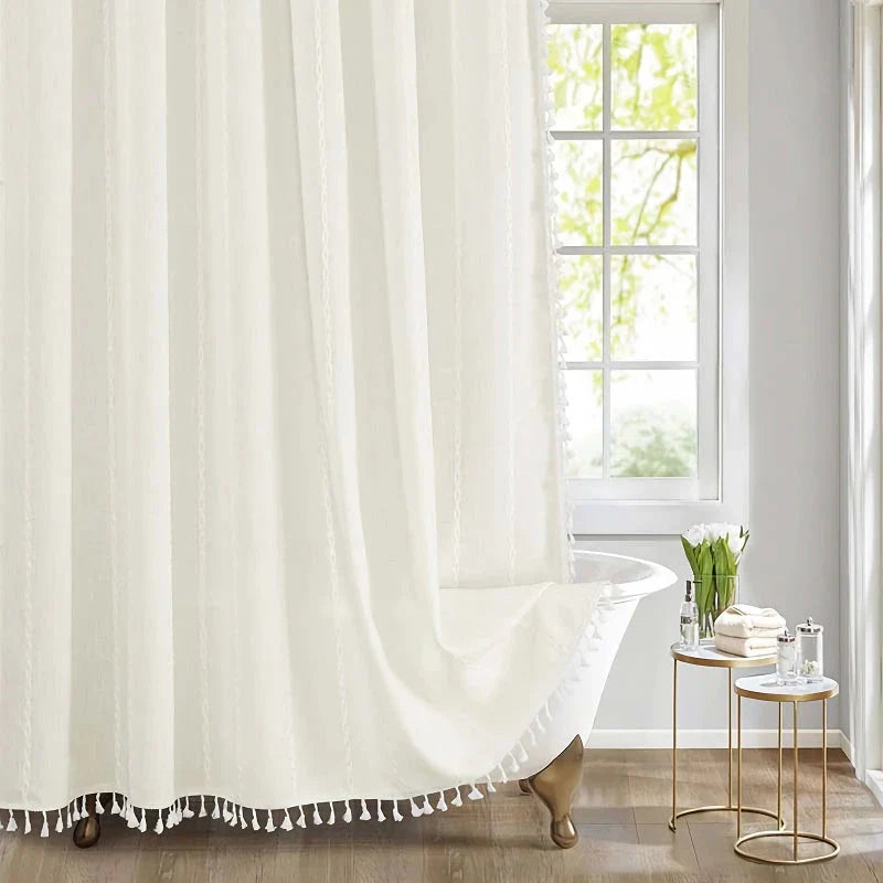 Premium bohemian tassel shower curtain with unique stitching design, waterproof coating, and durable linen blend material for a relaxing bathroom oasis