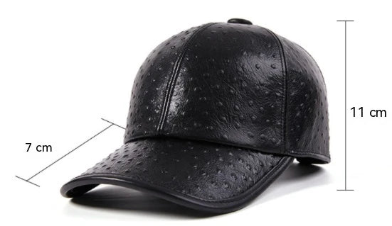A stylish men's baseball cap made from warm, first-layer cowhide leather with an eye-catching ostrich pattern design.