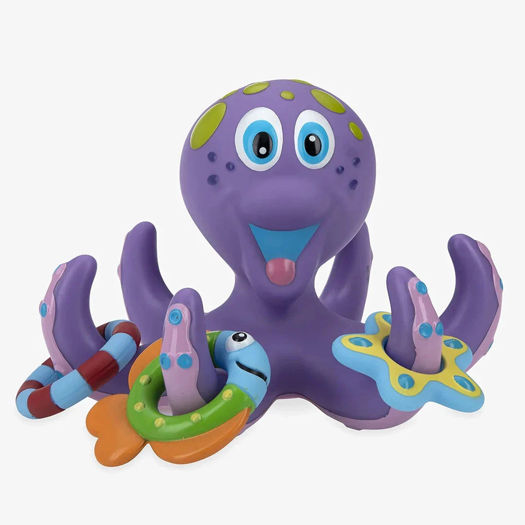A purple octopus bath toy with colourful rings for tossing and splashing in the water