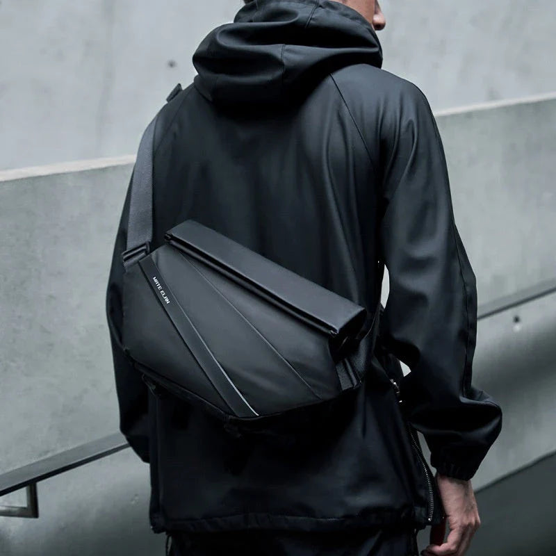 A sleek, minimalist crossbody bag with a mechanical-inspired design, crafted from premium PVC for durability and breathability.