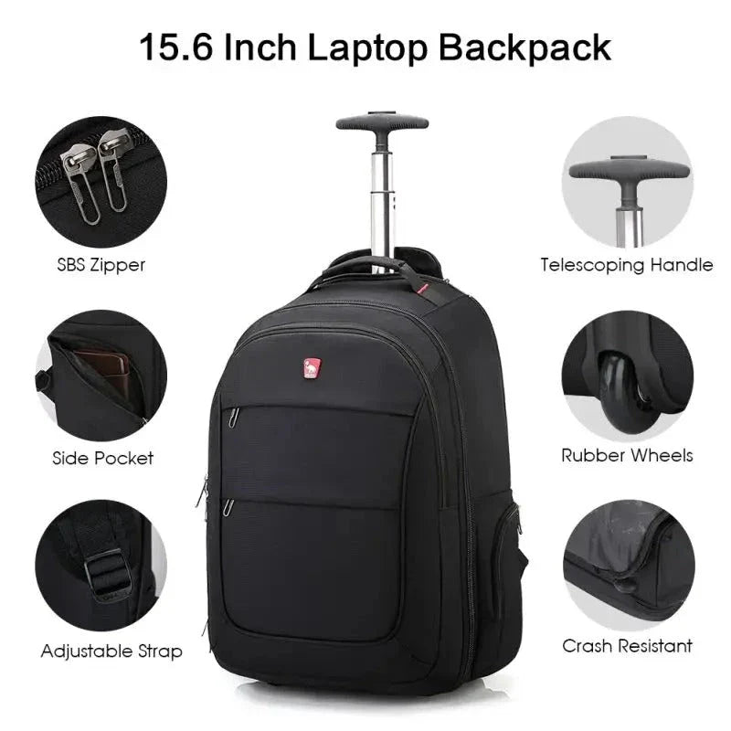 A black, multifunctional wheeled backpack with a padded laptop compartment and smooth-rolling wheels for effortless travel