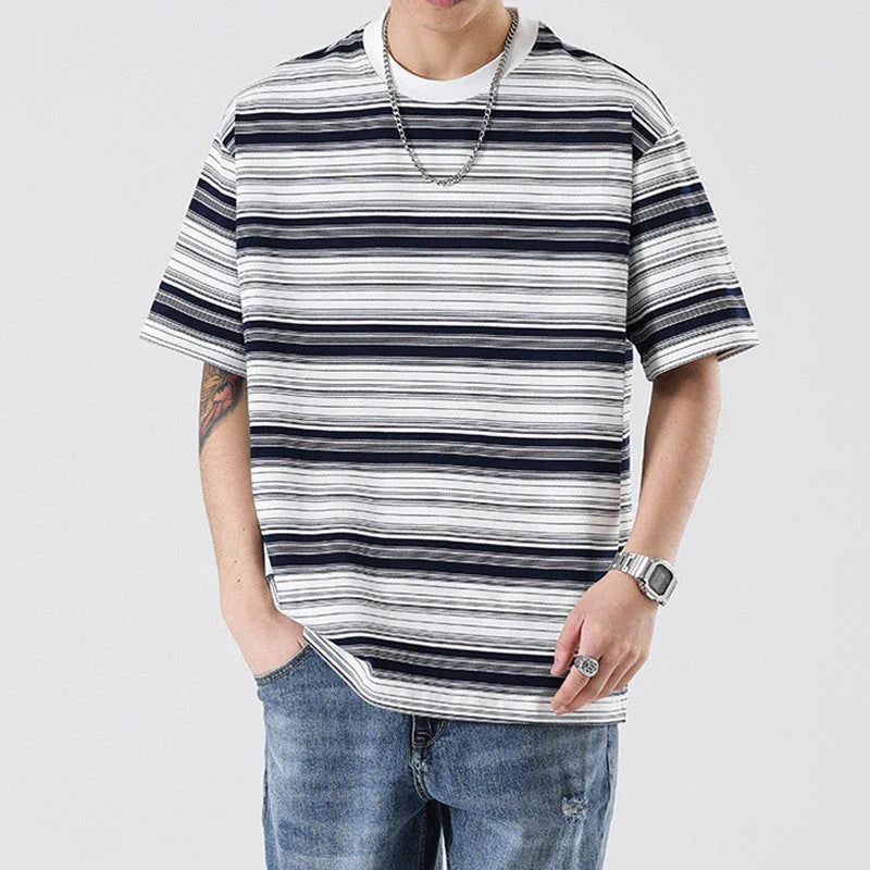 Retro contrast color striped teen t-shirt in navy blue, perfect for casual summer looks