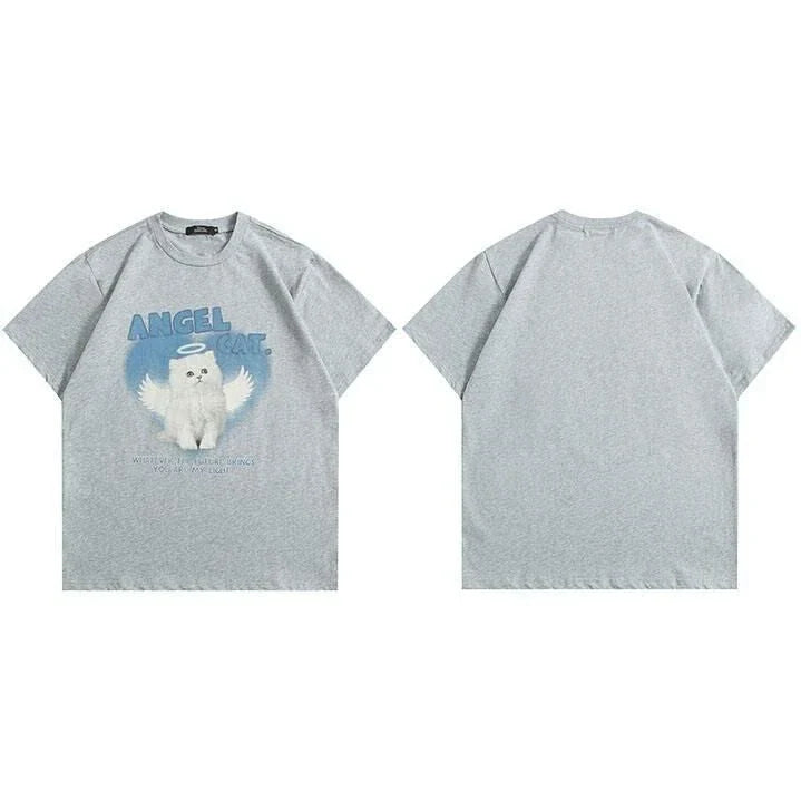 Stylish Angel Cat Graphic Cotton T-Shirt in White, featuring a trendy angel cat print design