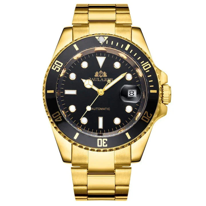Elegant automatic watch with luminous hands and indices, showcasing British watchmaking excellence