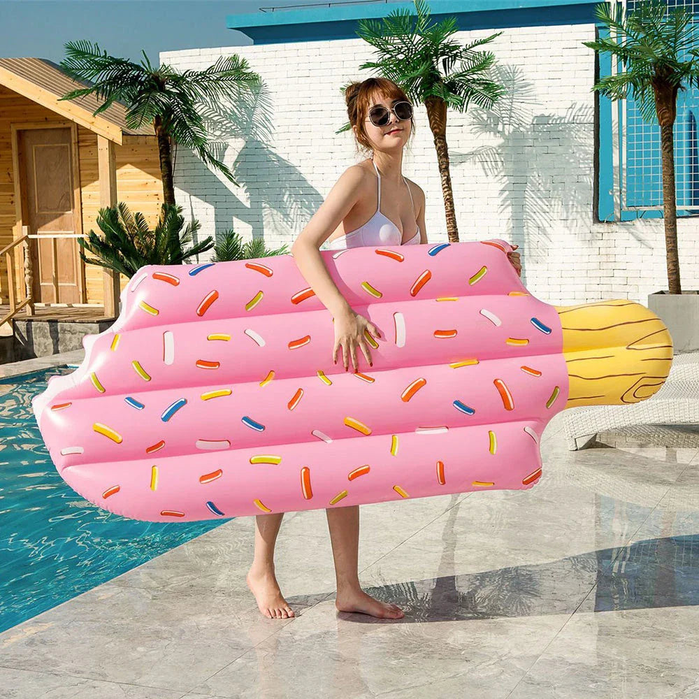 Premium inflatable swim float in a vibrant pink and blue ice cream design, providing comfortable and stylish relaxation on the water