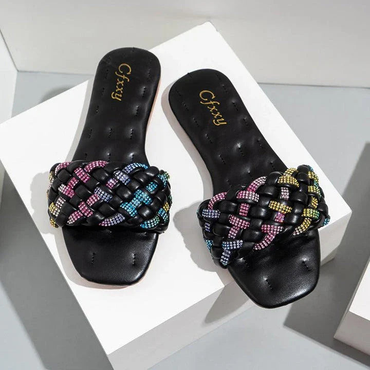 GiftHome UK Stylish Square-Toe Embroidered Flat Sandals with Colourful Accents