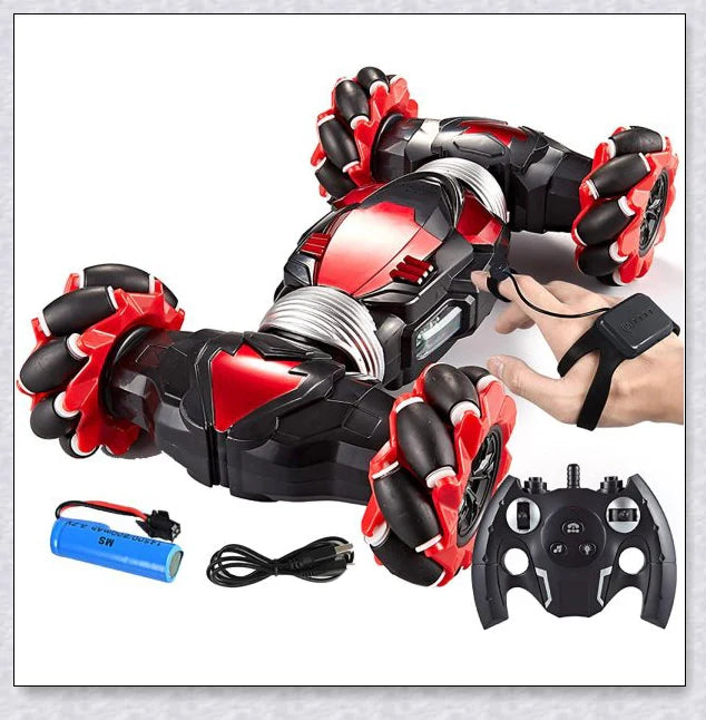 Remote control stunt car with 360-degree rotation, flips, and built-in colourful lights and music for exciting playtime