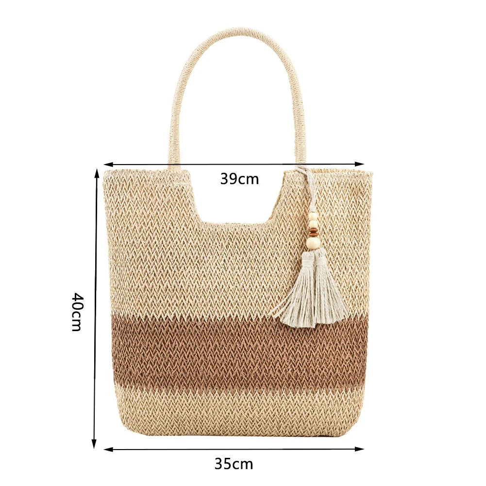 Stylish bohemian-inspired woven tote bag with contrasting tassels, perfect for summer outings
