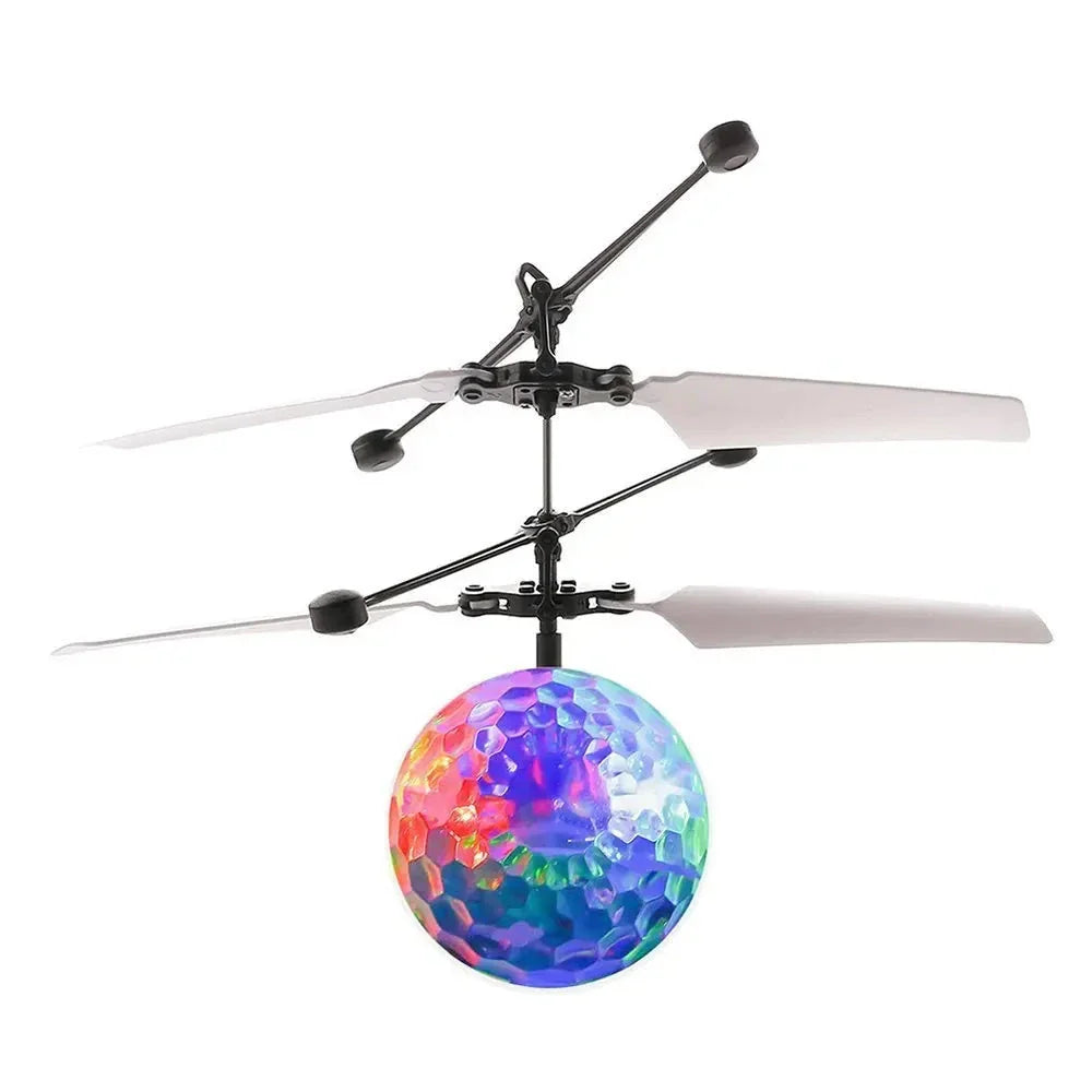 A neon-coloured LED magic hover ball floating and gliding effortlessly through the air, creating a mesmerizing visual display.