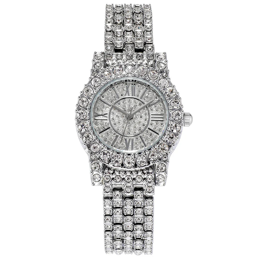 Elegant rhinestone-encrusted waterproof quartz watch with a sleek, round dial in gold, silver, or middle gold finishes