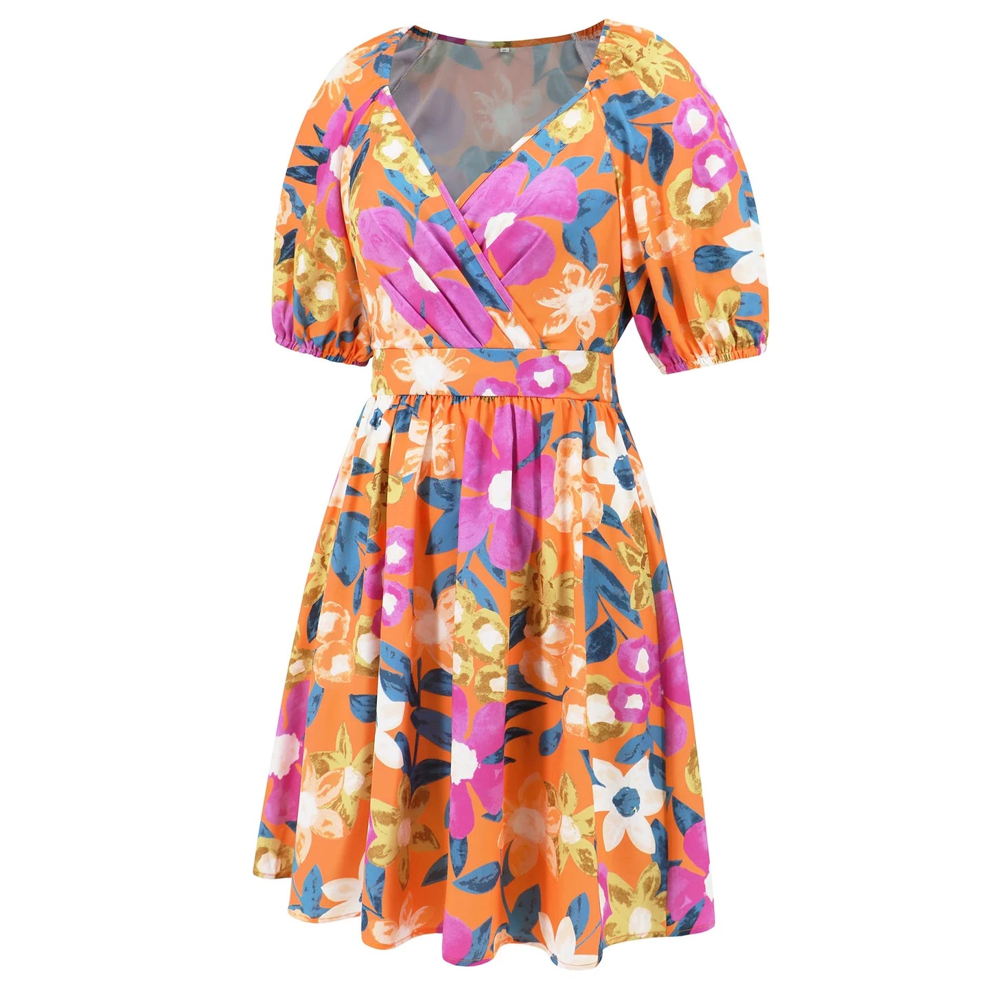 Stylish lantern-sleeve v-neck beach dress in vibrant summer colours, featuring a flattering fit and comfortable stretch fabric