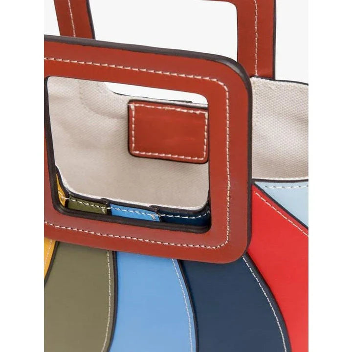 Stylish patchwork vegan leather tote bag with vibrant colour design and versatile carrying options