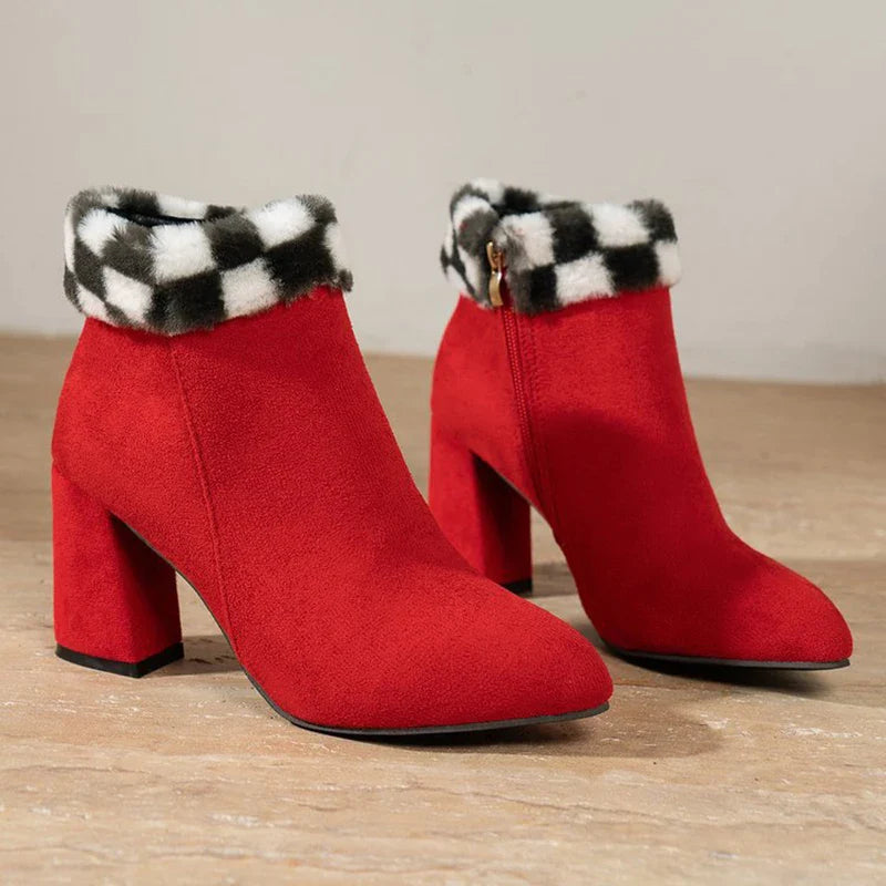 Premium plaid print ankle boots with a cosy lining, sturdy square heel, and versatile design for stylish winter wear