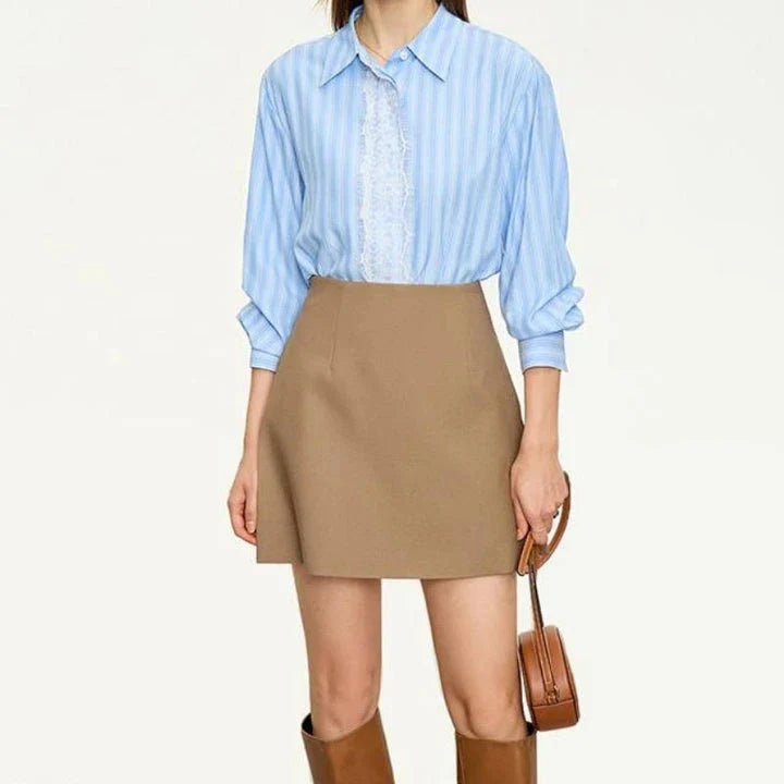 Autumn/Winter High Waist Casual Shorts Skirt in Coffee colour, featuring a flattering A-line silhouette and chic tiered zipper detail