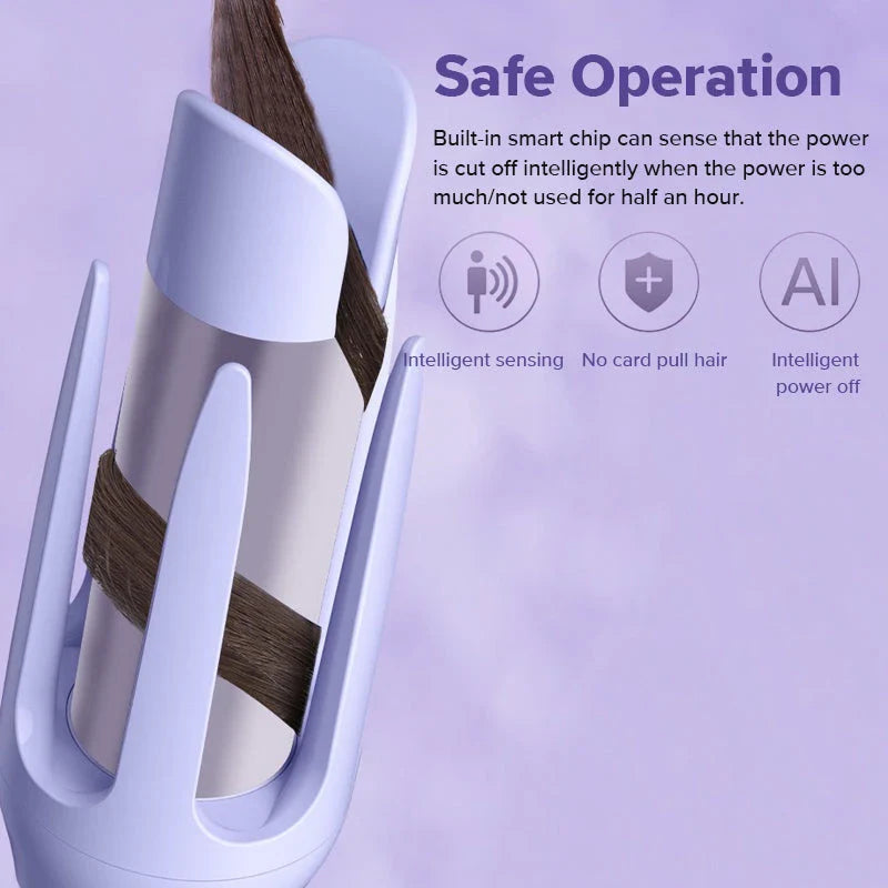Auto-Rotating Ceramic Hair Styler in Pink, with adjustable temperature settings and dual voltage compatibility for worldwide use