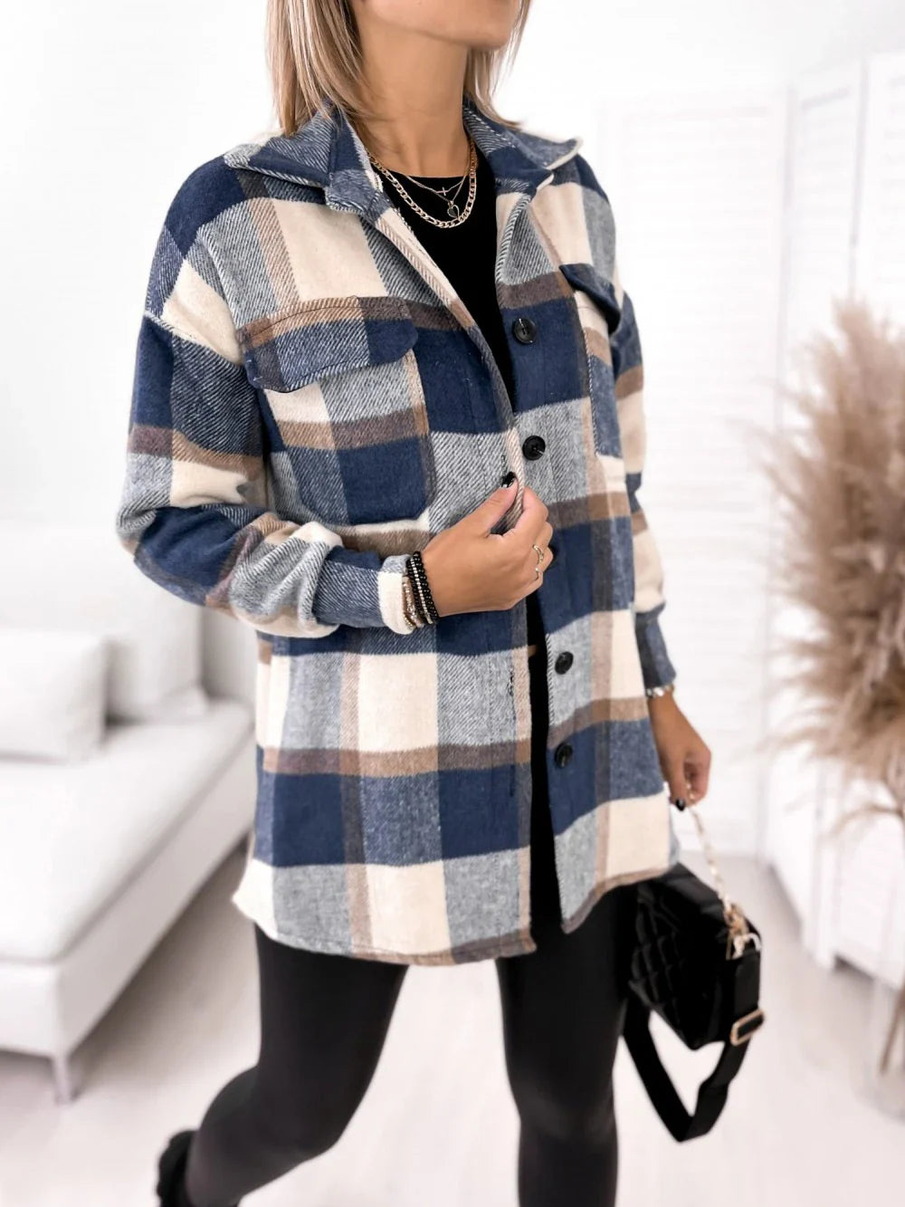 Sophisticated single-breasted plaid woollen jacket in black, apricot, and blue colours