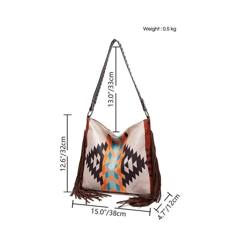 Bohemian Chic Canvas Shoulder Bag with Colourful Knitting and Tassel Details