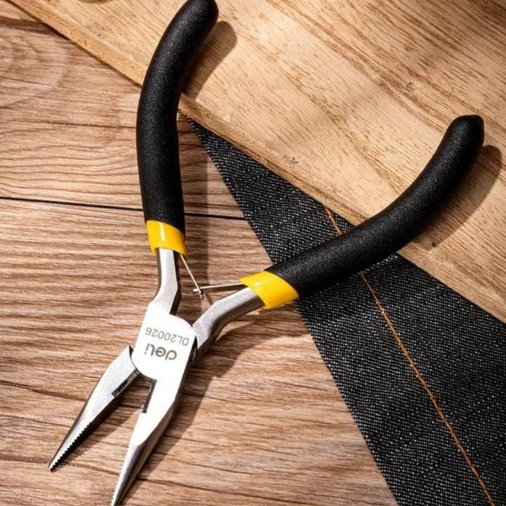 A close-up view of a pair of 5-inch mini long nose pliers with a carbon steel construction and a comfortable plastic handle.