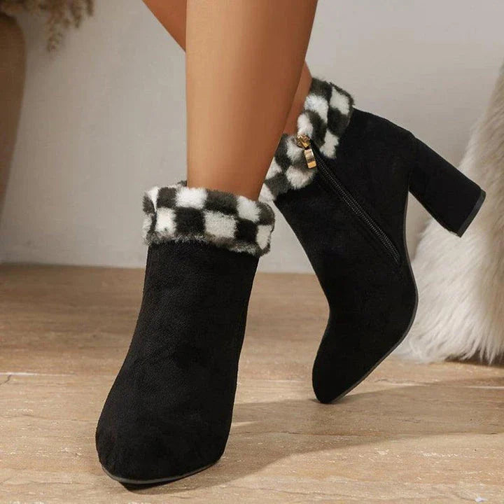 Premium plaid print ankle boots with a cosy lining, sturdy square heel, and versatile design for stylish winter wear
