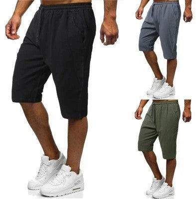 Men's casual linen-cotton cropped trousers in grey, green, and black colours with adjustable drawstring waist and straight-leg silhouette