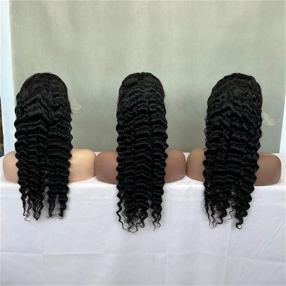 Luxurious deep wavy human hair wig with natural lace construction, available in various lengths for a customized, elegant look.