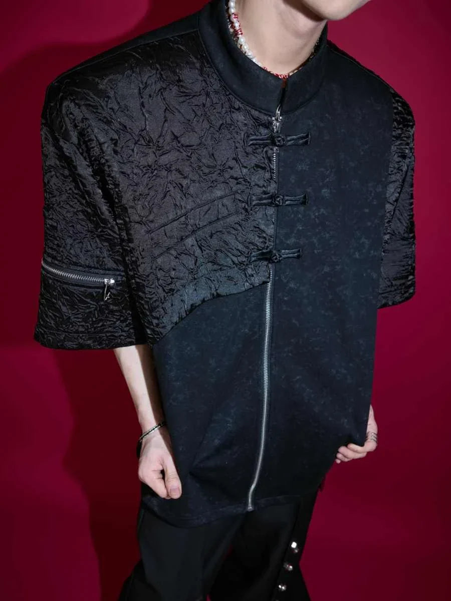 Buckle Design Sense Padded Shoulder Short Sleeve Loose T-shirt in black and white colours