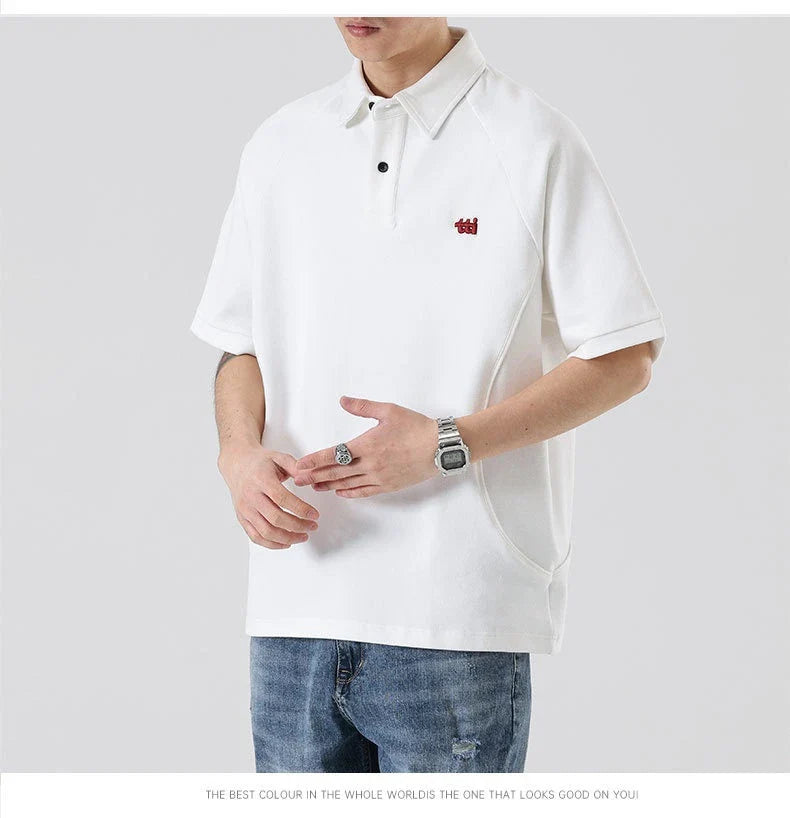 Retro Short Sleeve Men's T-shirt with Embroidered Design in Dark Brown, White, and Grey Colours