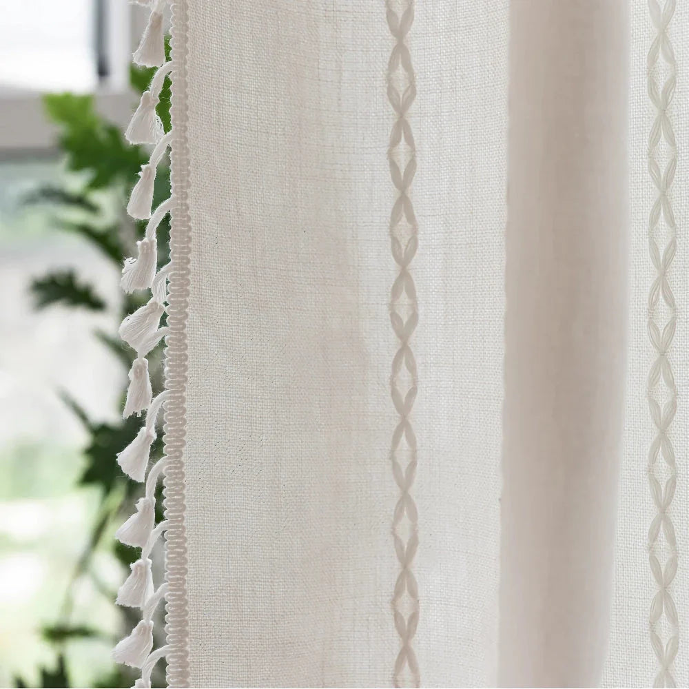 Premium bohemian tassel shower curtain with unique stitching design, waterproof coating, and durable linen blend material for a relaxing bathroom oasis