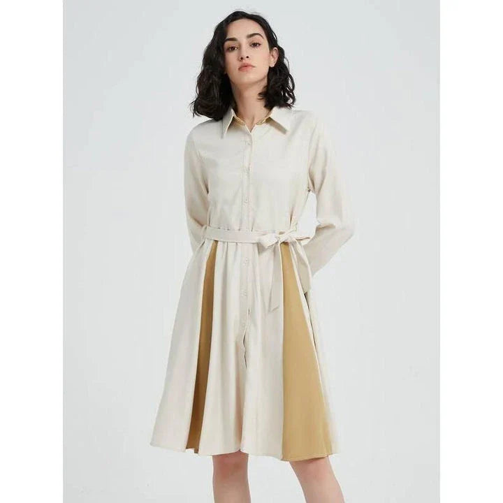Elegant beige A-line dress with long sleeves, turn-down collar, and included belt for a flattering fit