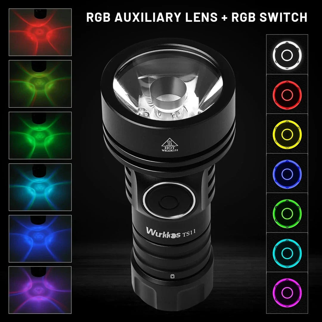Powerful 2000-lumen USB-C rechargeable EDC flashlight with RGB auxiliary lights and IP68 waterproof design