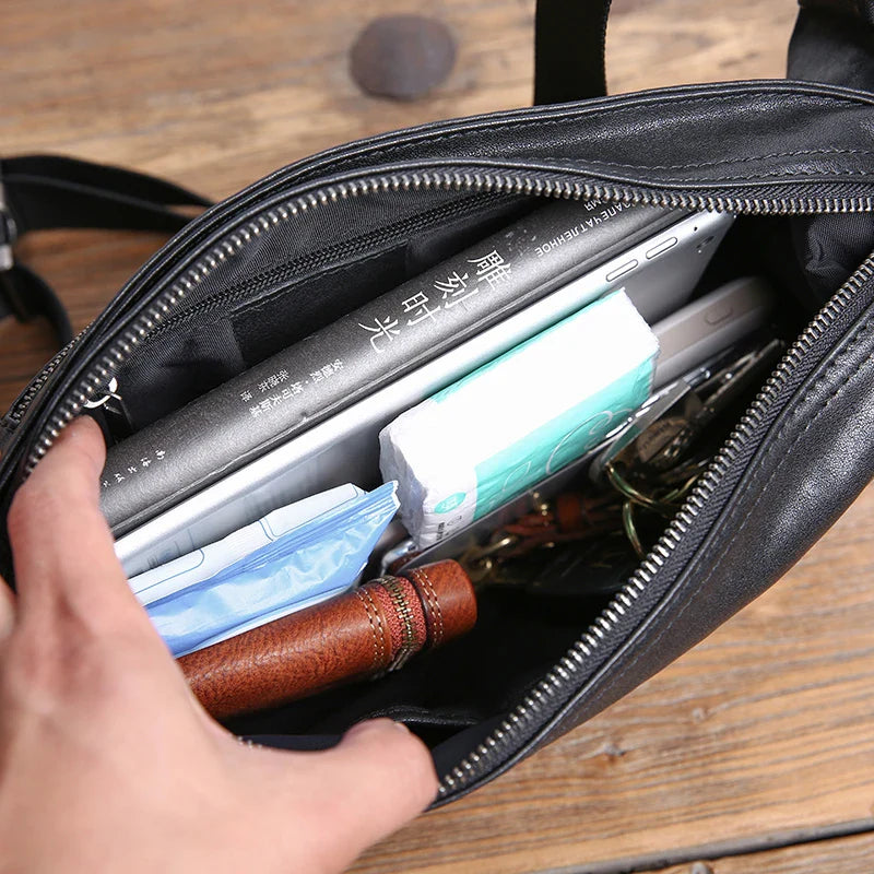 Premium top-grain cow leather messenger bag with large capacity and multiple pockets for organised storage