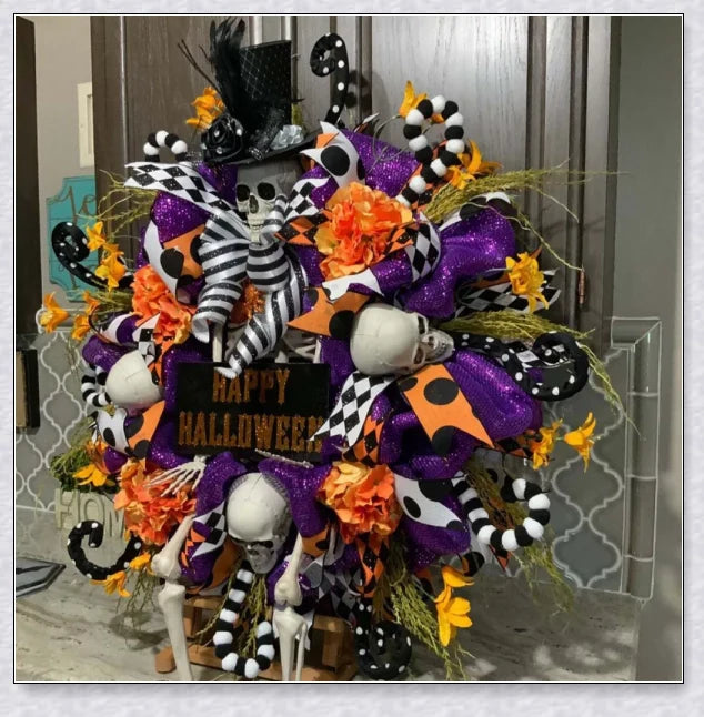 A captivating Halloween wreath featuring a purple skull design, perfect for adding eerie elegance to any home.
