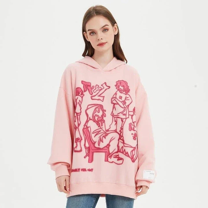 Vibrant Harajuku-inspired anime graphic hoodie with loose, comfortable fit and full-length sleeves