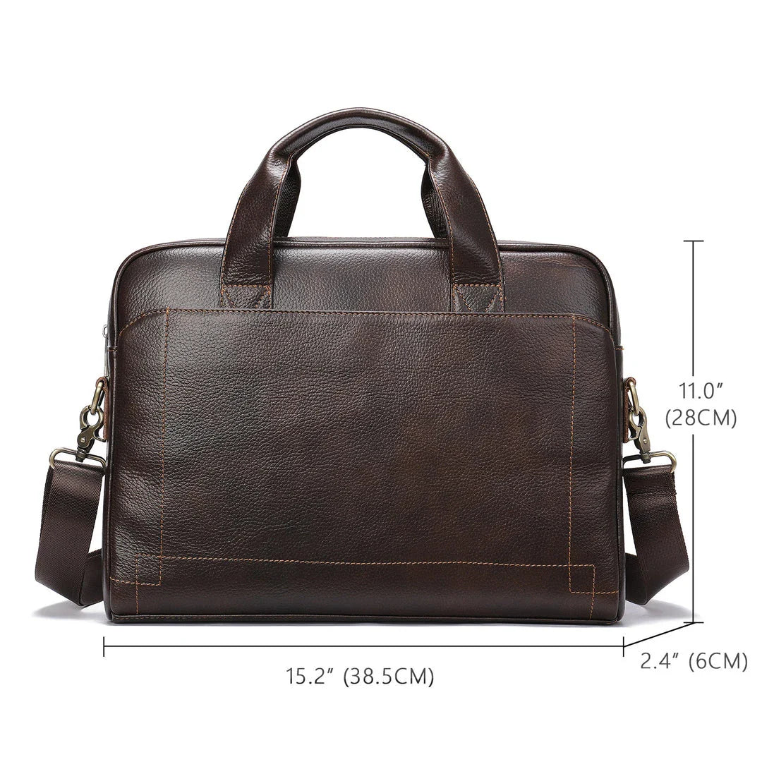 Men's genuine leather briefcase in dark coffee colour, featuring a spacious interior and adjustable shoulder strap for versatile carrying