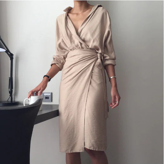 Irregular wrap dress in beige with a unique, contemporary design and premium cotton blend fabric