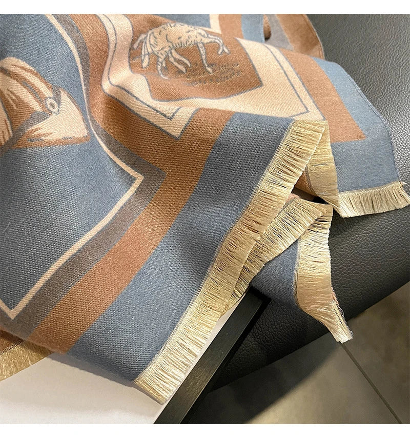 Luxurious artificial cashmere scarf in vibrant colours, perfect for keeping warm or cool with its dual-use design.