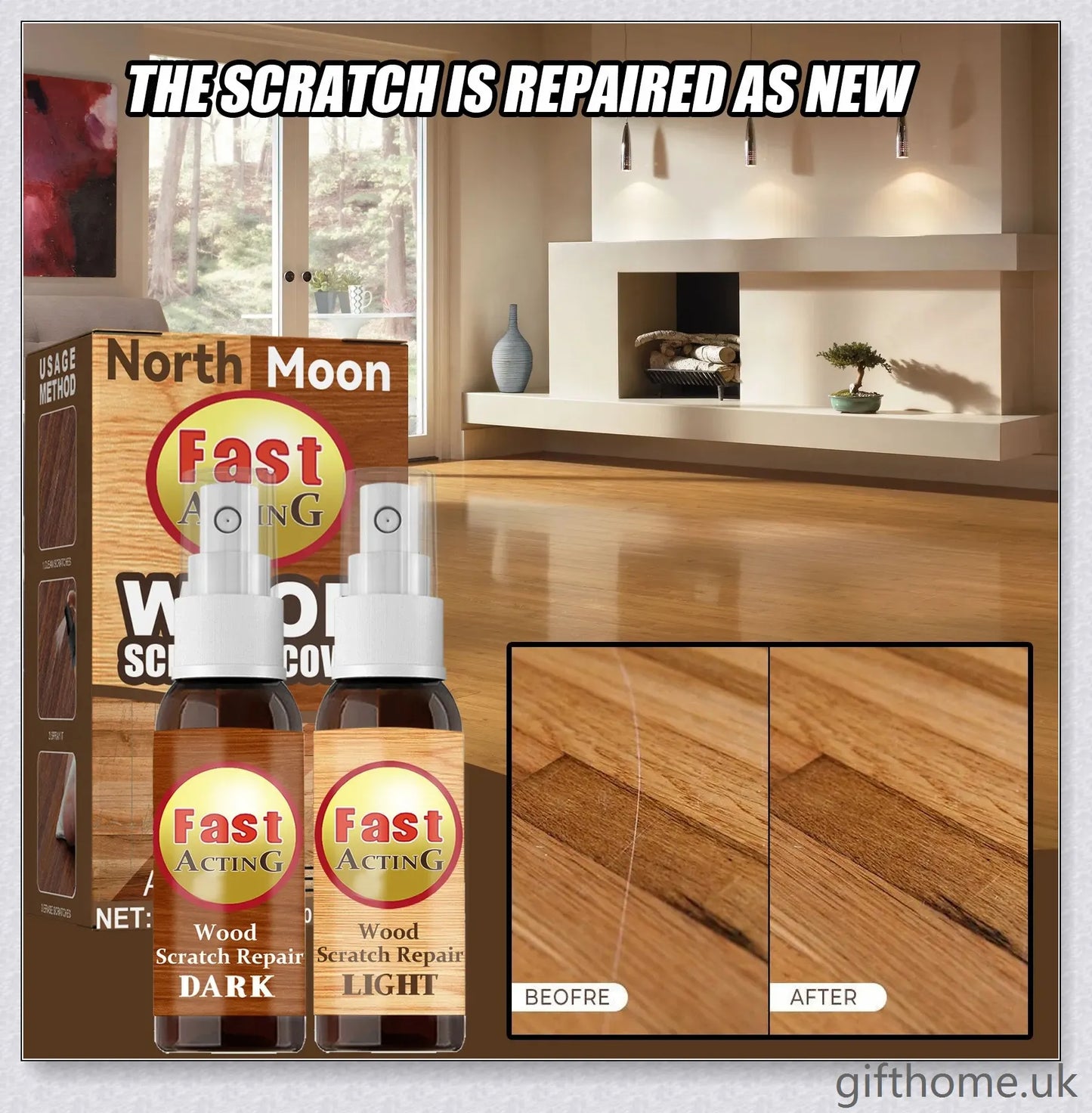 A bottle of premium wood scratch repair spray with a light and dark colour option for blending seamlessly with various wood tones.