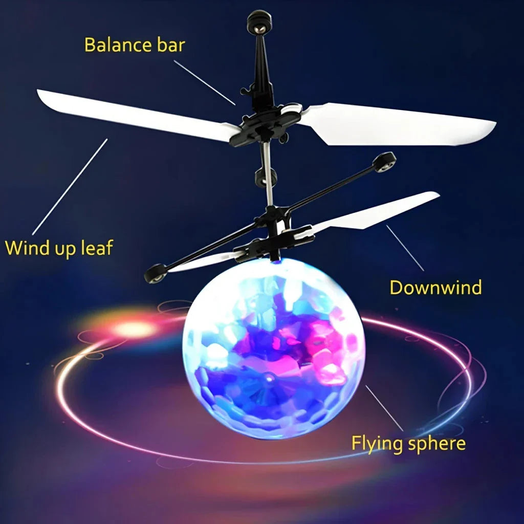A neon-coloured LED magic hover ball floating and gliding effortlessly through the air, creating a mesmerizing visual display.