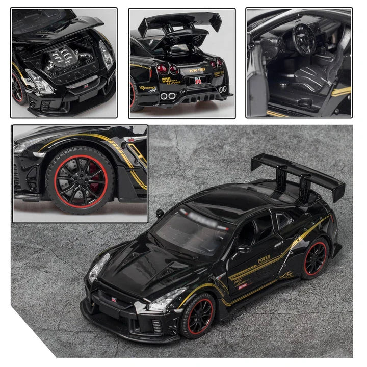 Premium 1:32 scale diecast model of the iconic Skyline R34 and R35 sports car, featuring detailed construction, interactive elements, and authentic design.