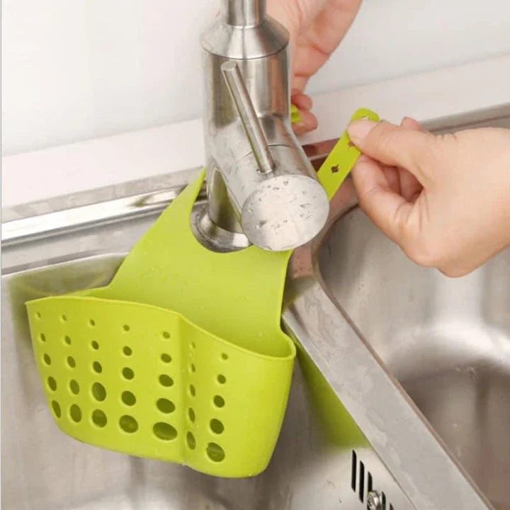 Adjustable stainless steel sink organiser rack with various colour options, designed to maximise kitchen sink space and keep essentials organised.