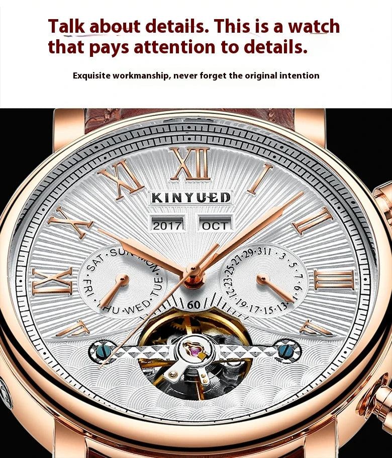 Automatic mechanical watch with genuine leather strap, featuring a stylish hollow-out dial design