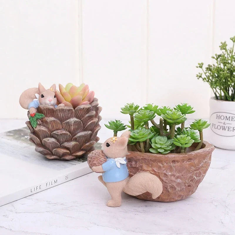 Cartoon squirrel-themed succulent planter in resin material, featuring a drainage hole for healthy plant growth