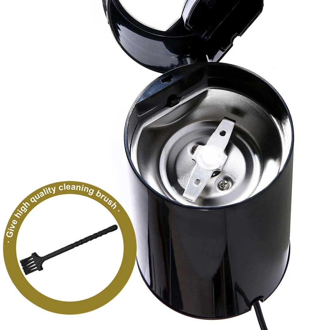 Compact electric stainless steel coffee grinder with sleek design and powerful 200-watt motor for consistent grinding