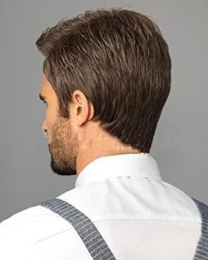 A premium men's wig in a short, straight brown style made with high-quality temperature-resistant fibres for a natural, comfortable fit.