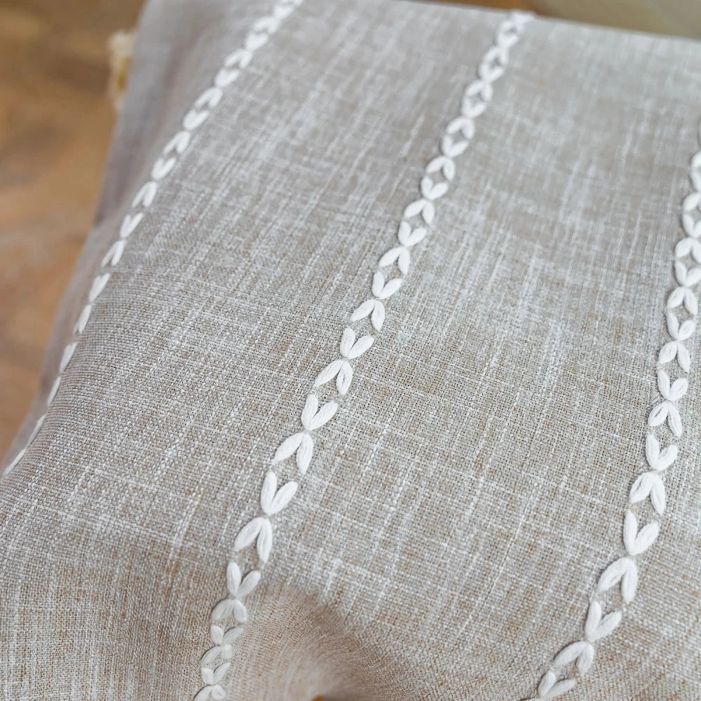 Premium bohemian tassel shower curtain with unique stitching design, waterproof coating, and durable linen blend material for a relaxing bathroom oasis